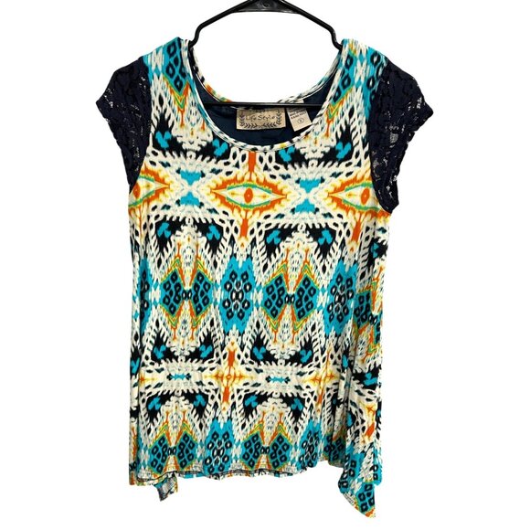 Colorful Life Style Womens Top With Lace Sleeves & Geometric Print S - Picture 1 of 9